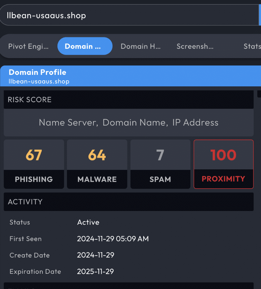 Screenshot from Iris Investigate showing llbean-usaaus[.]shop’s Create Date as 2024-11-29.